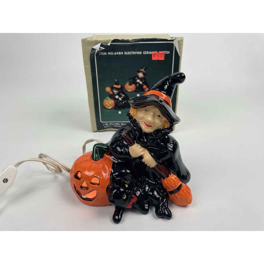 Vtg Halloween Ceramic Candle Holder Witch Black Cat Jack O Lantern Taiwan